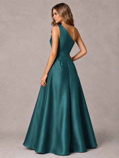 One Shoulder Satin Formal Dress A-Line Prom Gown with Ruffle and Pockets