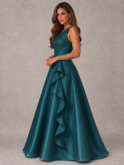 One Shoulder Satin Formal Dress A-Line Prom Gown with Ruffle and Pockets