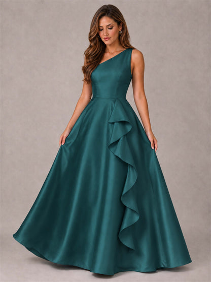 One Shoulder Satin Formal Dress A-Line Prom Gown with Ruffle and Pockets