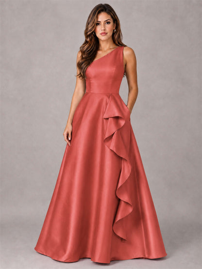 One Shoulder Satin Formal Dress A-Line Prom Gown with Ruffle and Pockets