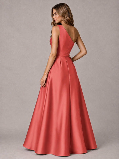 One Shoulder Satin Formal Dress A-Line Prom Gown with Ruffle and Pockets