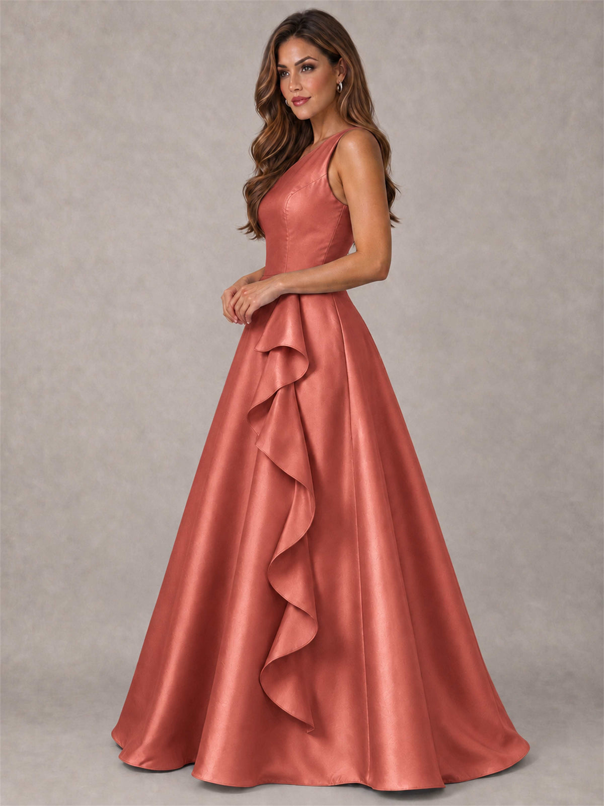 One Shoulder Satin Formal Dress A-Line Prom Gown with Ruffle and Pockets