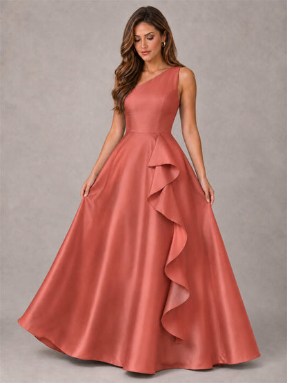 One Shoulder Satin Formal Dress A-Line Prom Gown with Ruffle and Pockets