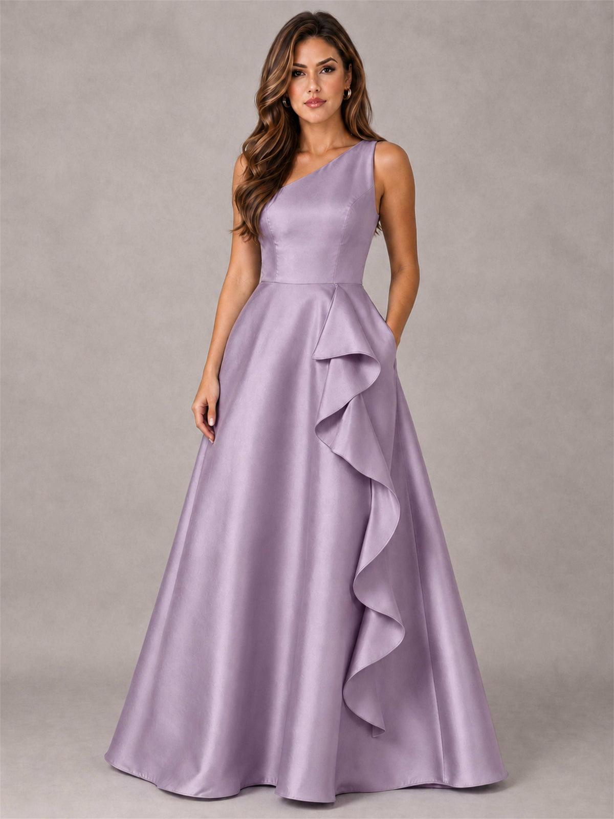 One Shoulder Satin Formal Dress A-Line Prom Gown with Ruffle and Pockets