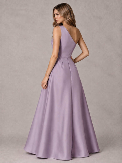 One Shoulder Satin Formal Dress A-Line Prom Gown with Ruffle and Pockets