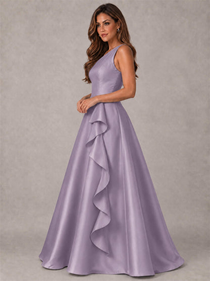One Shoulder Satin Formal Dress A-Line Prom Gown with Ruffle and Pockets