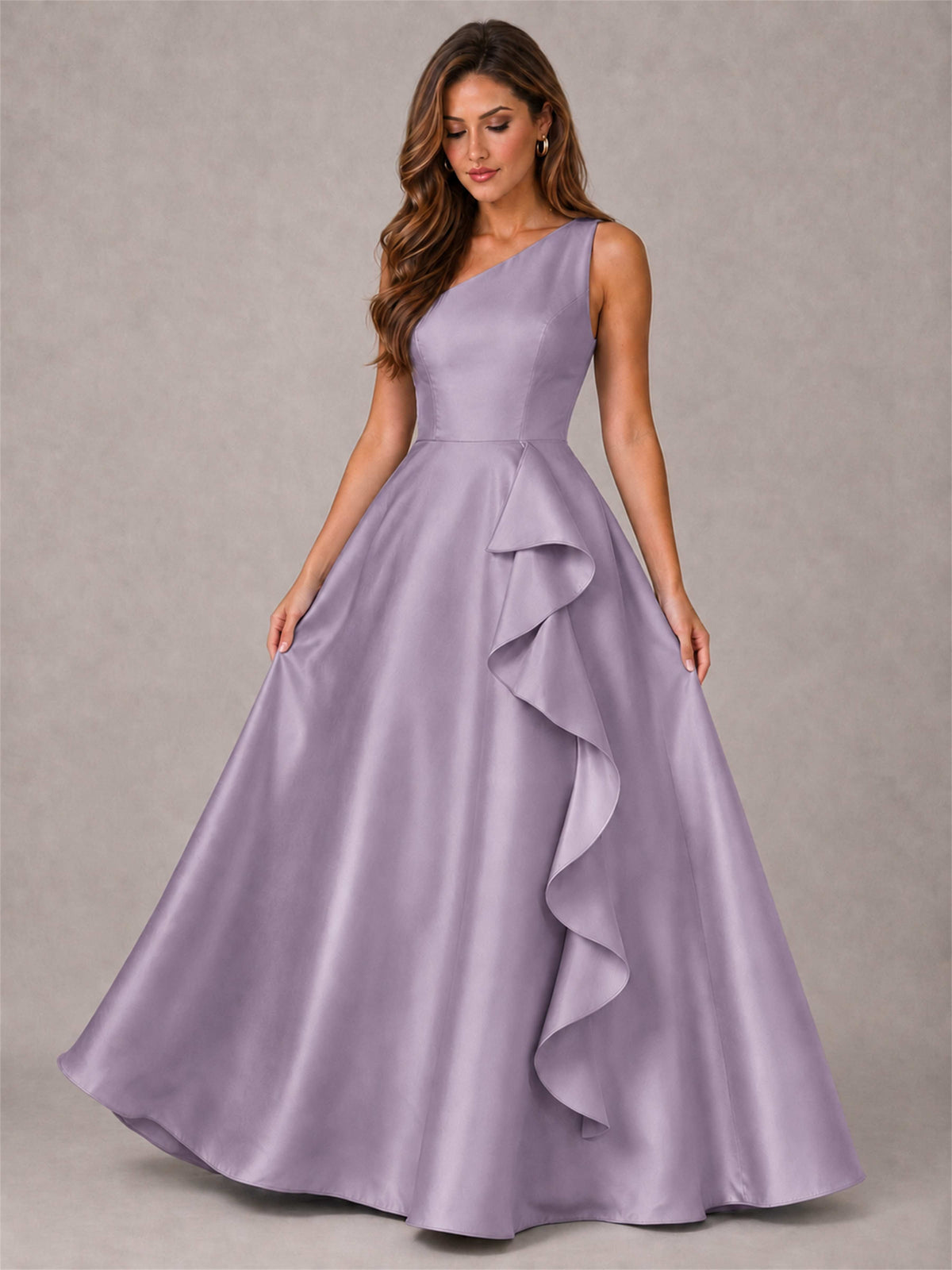 One Shoulder Satin Formal Dress A-Line Prom Gown with Ruffle and Pockets