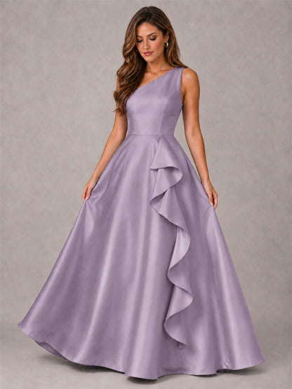 One Shoulder Satin Formal Dress A-Line Prom Gown with Ruffle and Pockets