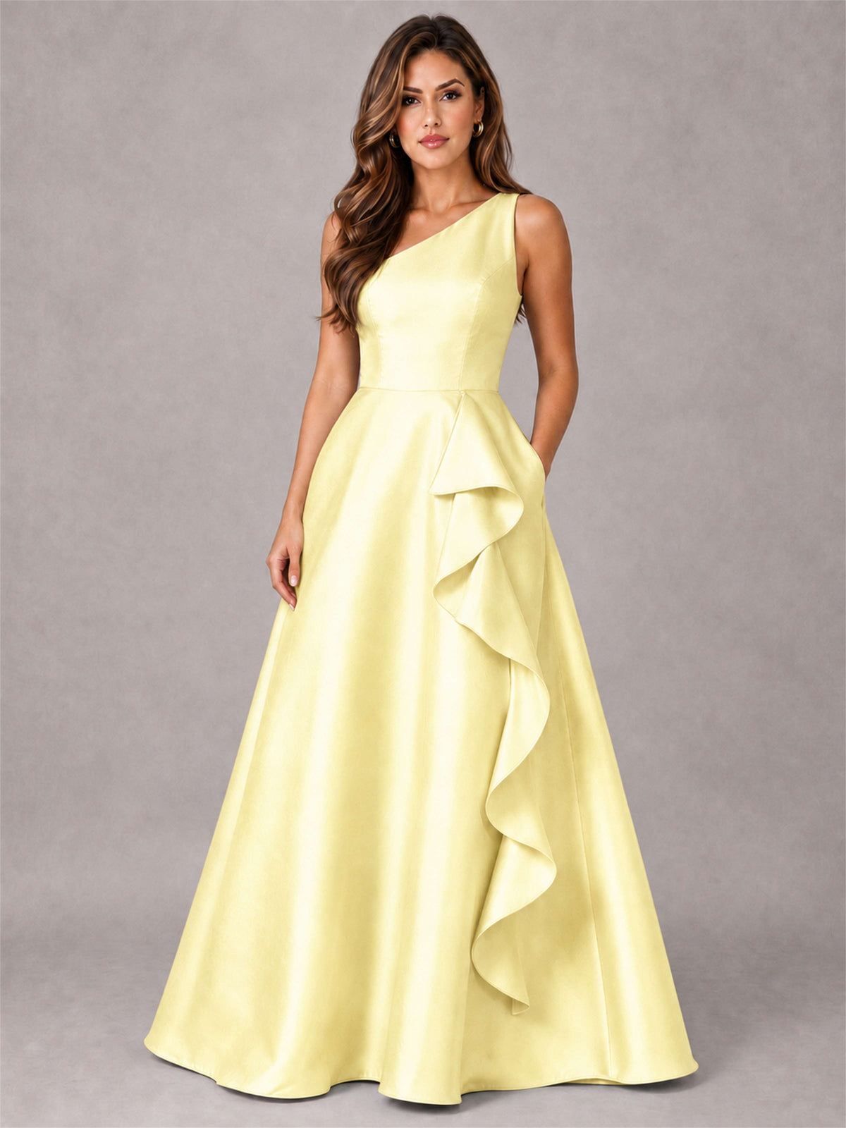 One Shoulder Satin Formal Dress A-Line Prom Gown with Ruffle and Pockets