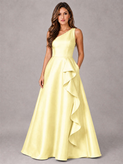 One Shoulder Satin Formal Dress A-Line Prom Gown with Ruffle and Pockets