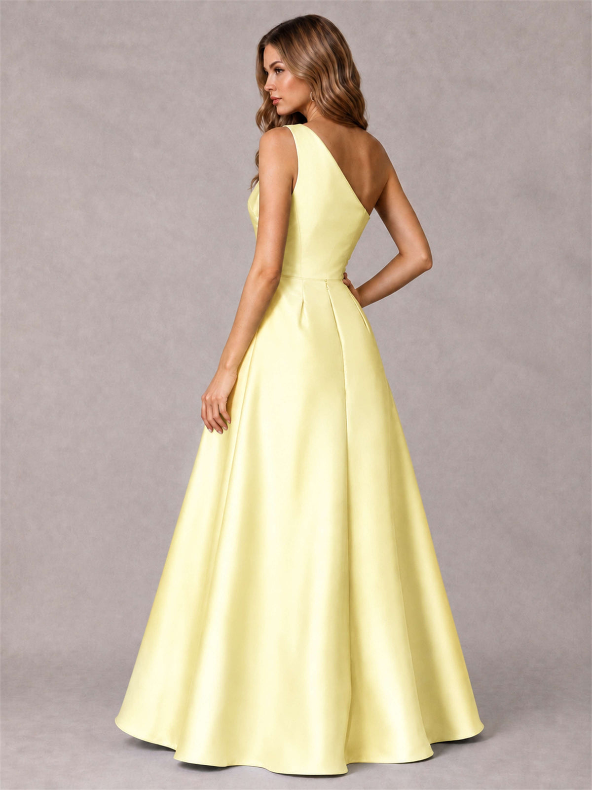 One Shoulder Satin Formal Dress A-Line Prom Gown with Ruffle and Pockets