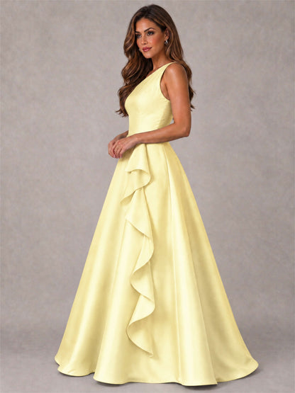 One Shoulder Satin Formal Dress A-Line Prom Gown with Ruffle and Pockets