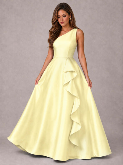 One Shoulder Satin Formal Dress A-Line Prom Gown with Ruffle and Pockets