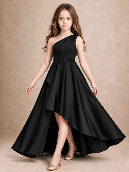 One Shoulder Satin Junior Bridesmaid Dress Lace Applique High Low Wedding Gown