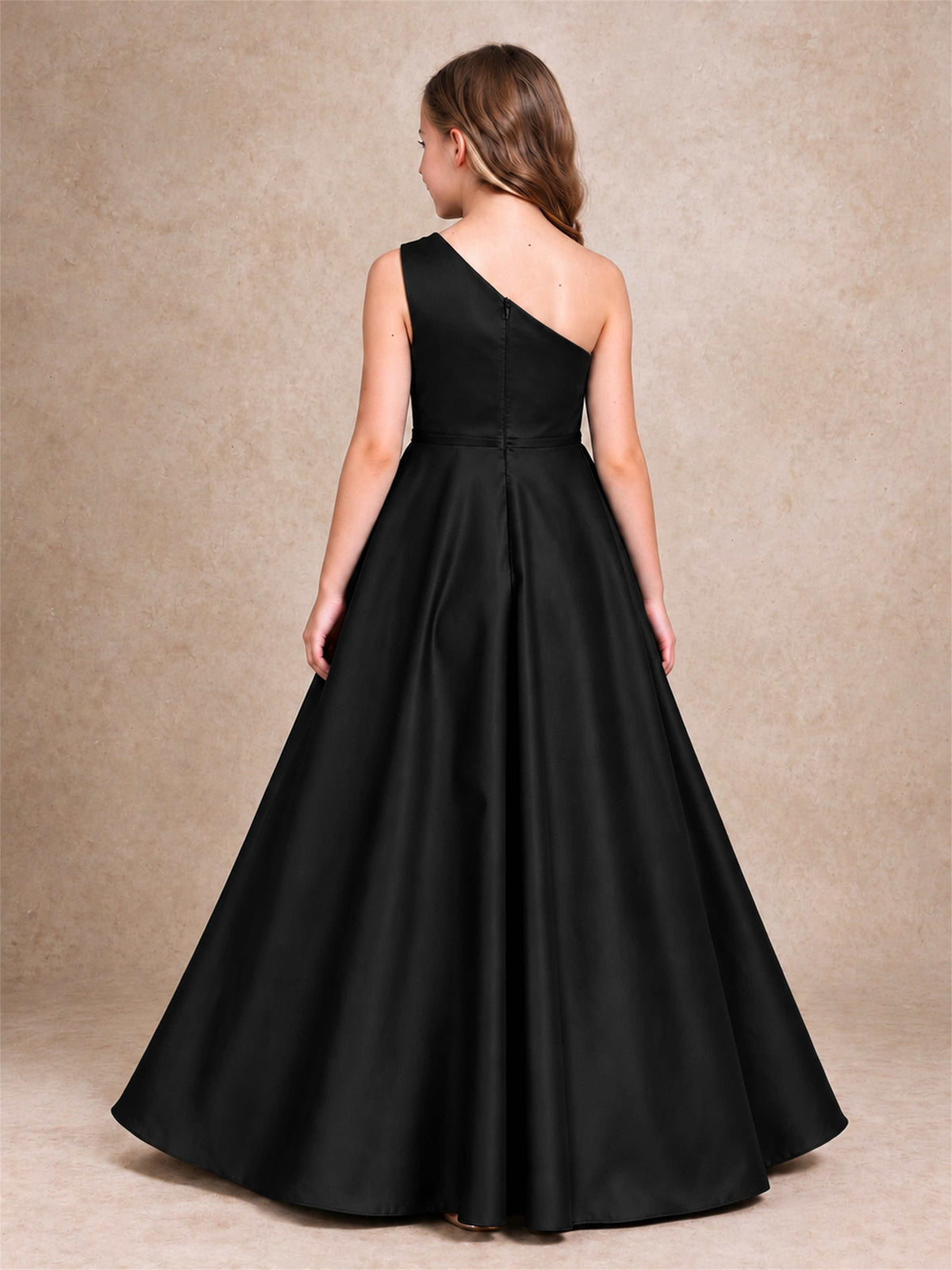 One Shoulder Satin Junior Bridesmaid Dress Lace Applique High Low Wedding Gown