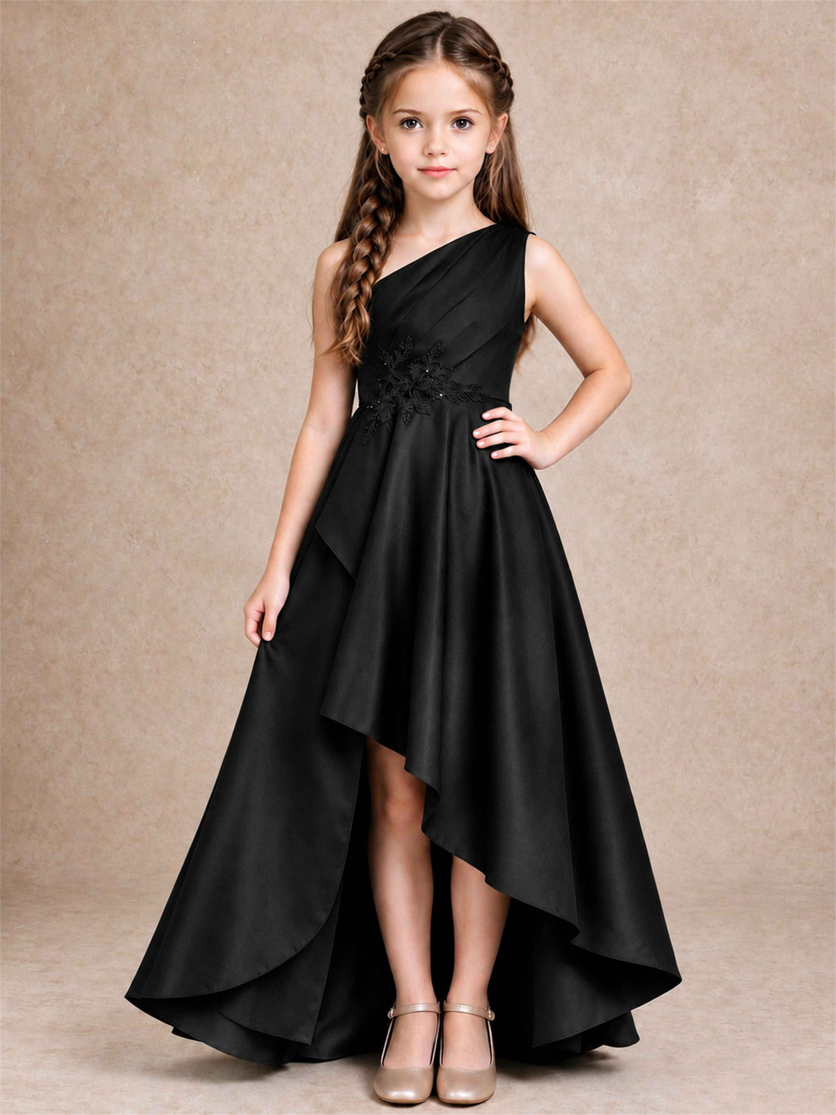 One Shoulder Satin Junior Bridesmaid Dress Lace Applique High Low Wedding Gown
