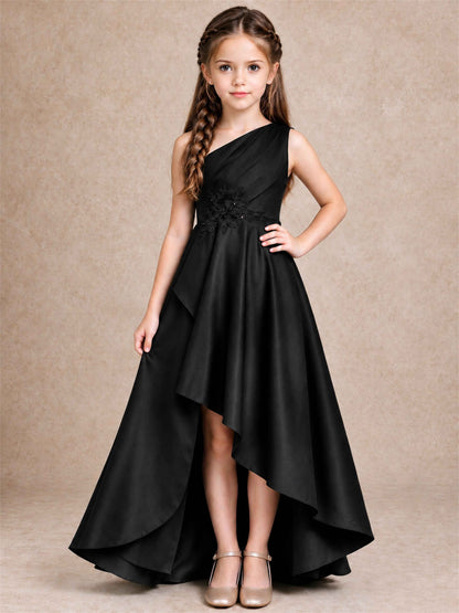 One Shoulder Satin Junior Bridesmaid Dress Lace Applique High Low Wedding Gown