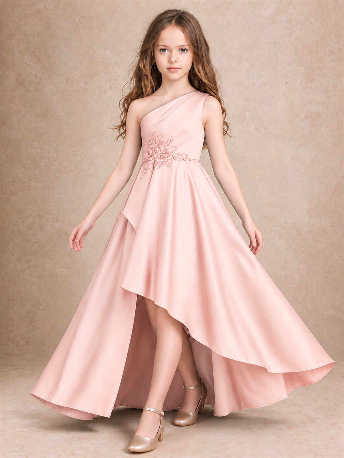 One Shoulder Satin Junior Bridesmaid Dress Lace Applique High Low Wedding Gown