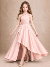 One Shoulder Satin Junior Bridesmaid Dress Lace Applique High Low Wedding Gown