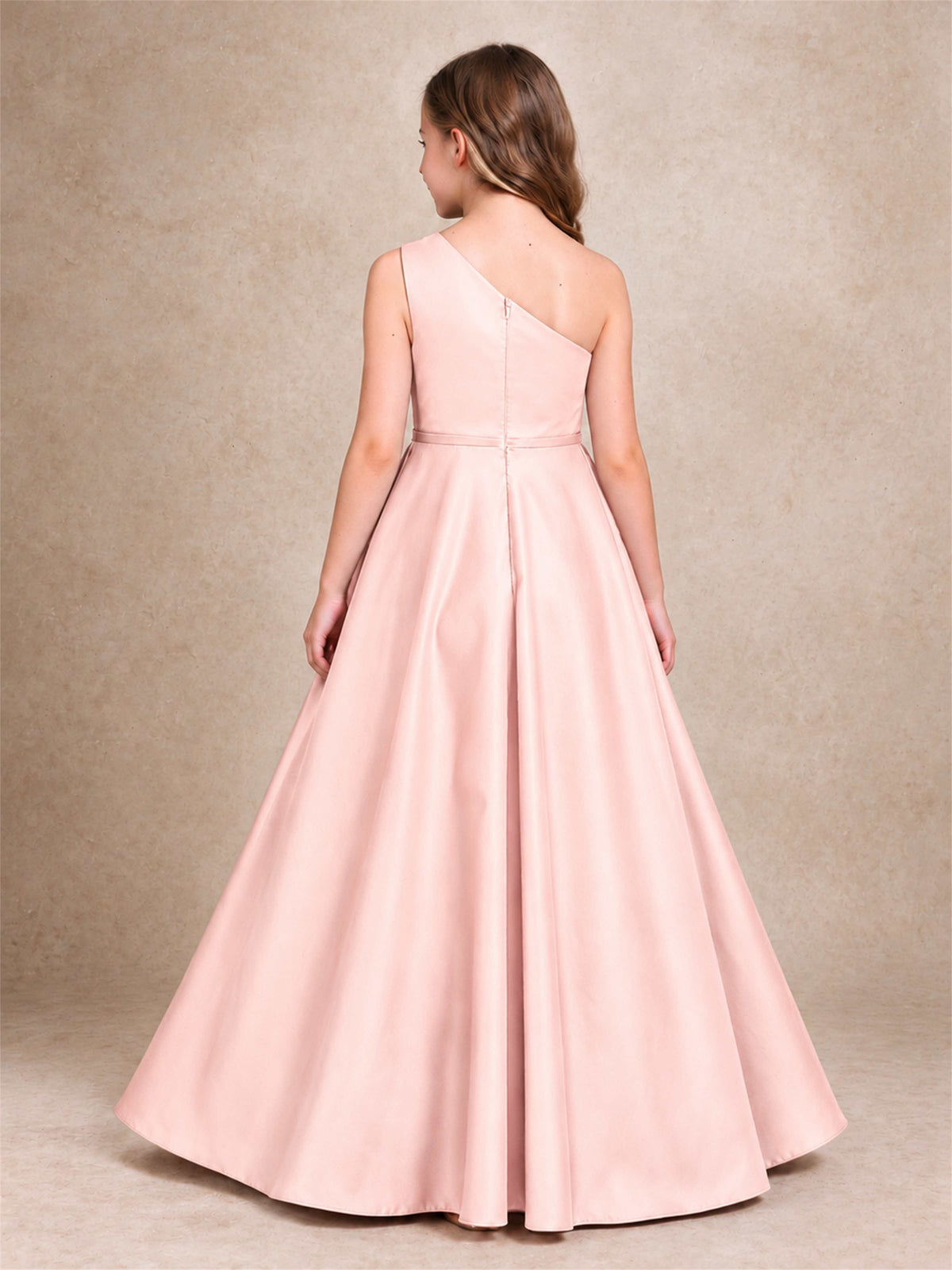 One Shoulder Satin Junior Bridesmaid Dress Lace Applique High Low Wedding Gown