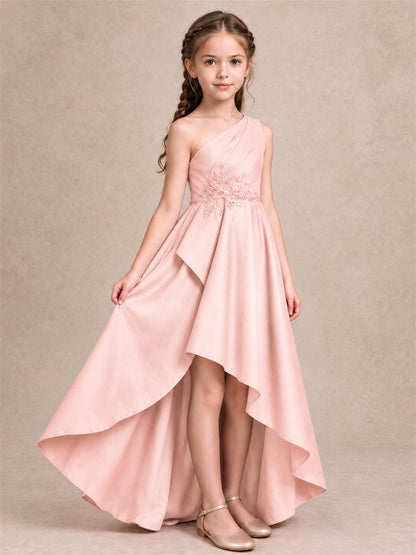 One Shoulder Satin Junior Bridesmaid Dress Lace Applique High Low Wedding Gown