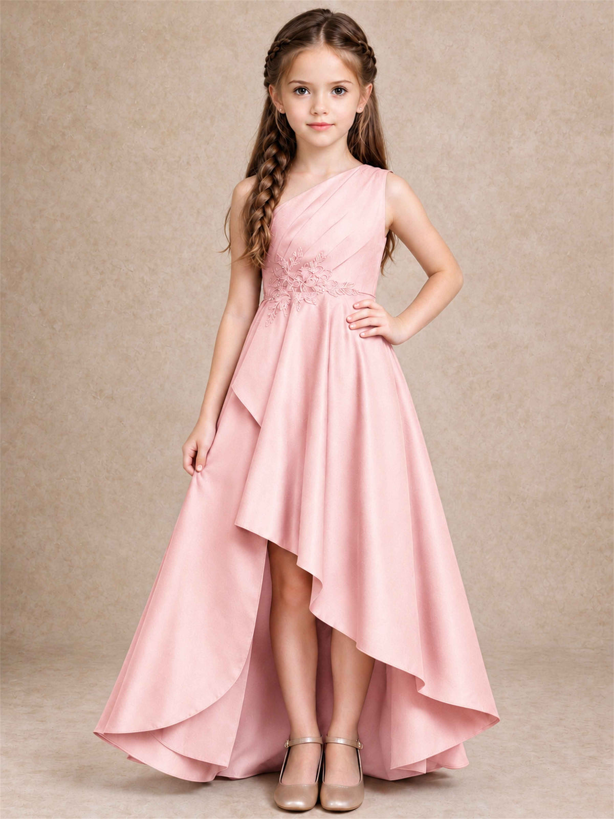 One Shoulder Satin Junior Bridesmaid Dress Lace Applique High Low Wedding Gown
