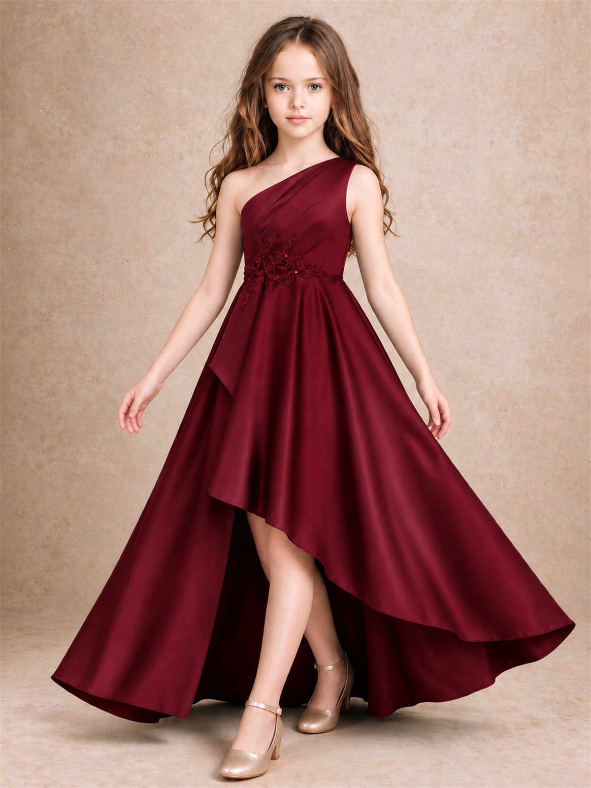 One Shoulder Satin Junior Bridesmaid Dress Lace Applique High Low Wedding Gown