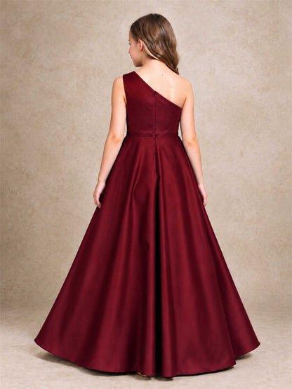 One Shoulder Satin Junior Bridesmaid Dress Lace Applique High Low Wedding Gown