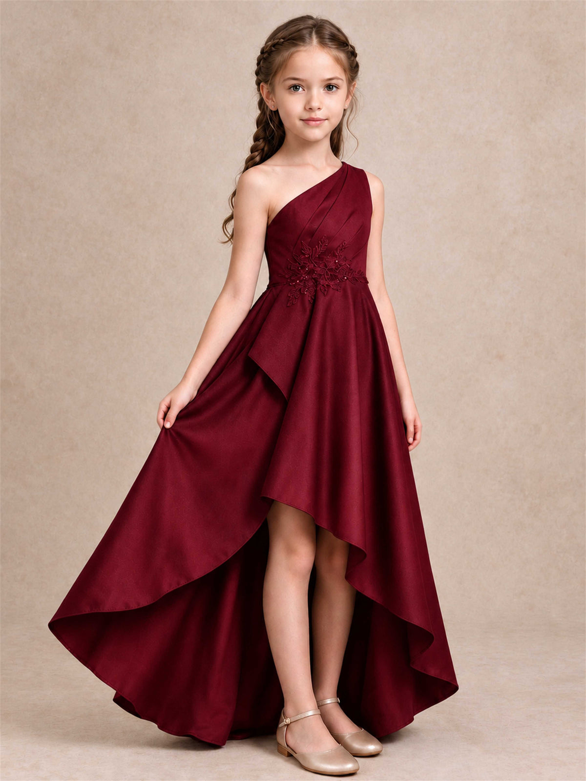 One Shoulder Satin Junior Bridesmaid Dress Lace Applique High Low Wedding Gown