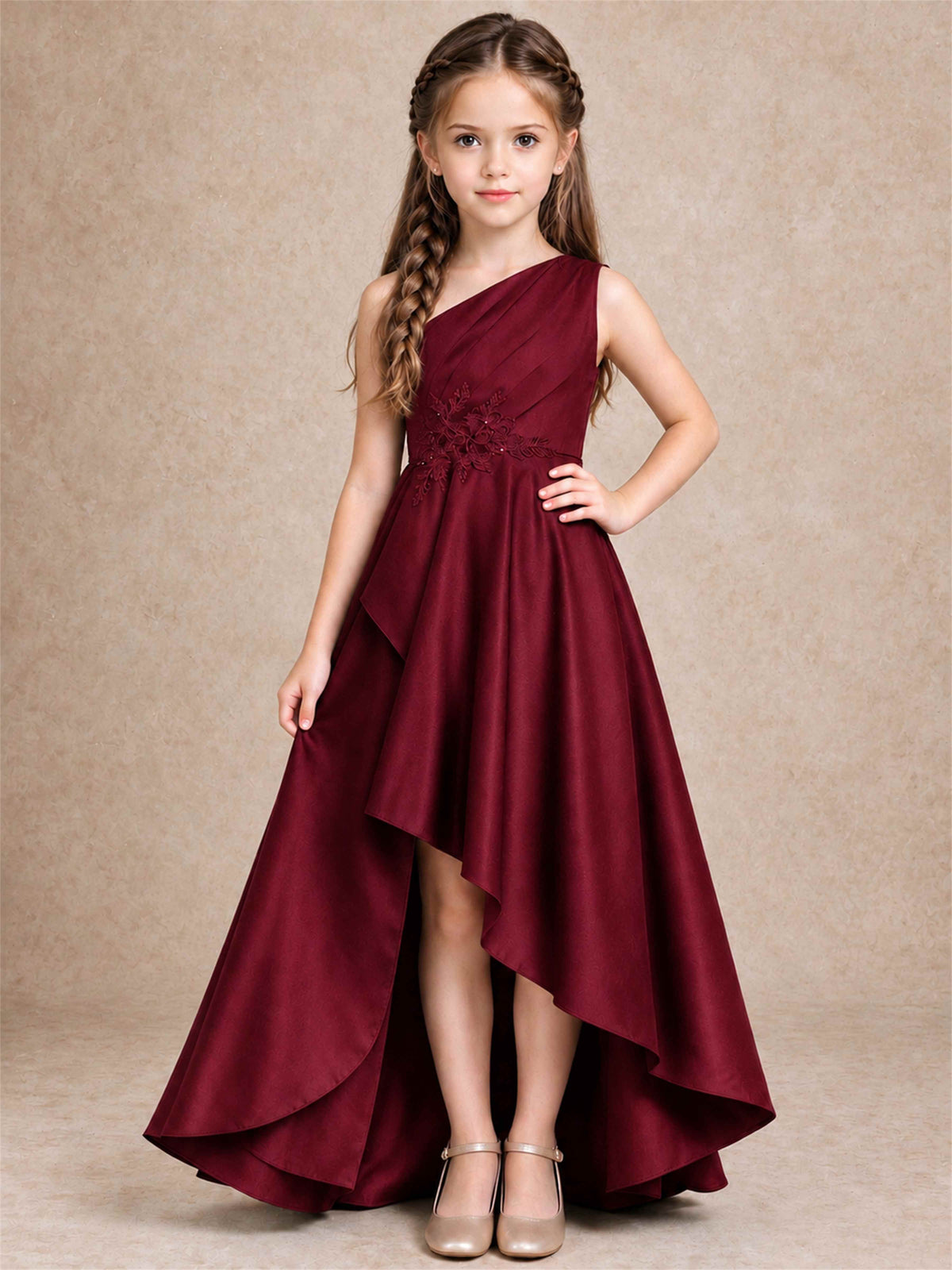 One Shoulder Satin Junior Bridesmaid Dress Lace Applique High Low Wedding Gown
