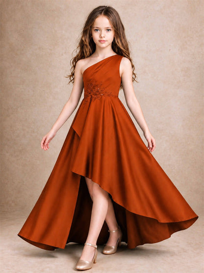 One Shoulder Satin Junior Bridesmaid Dress Lace Applique High Low Wedding Gown