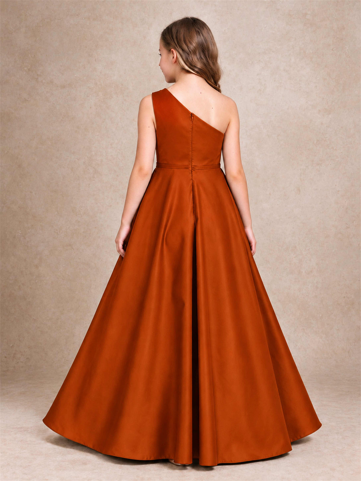 One Shoulder Satin Junior Bridesmaid Dress Lace Applique High Low Wedding Gown