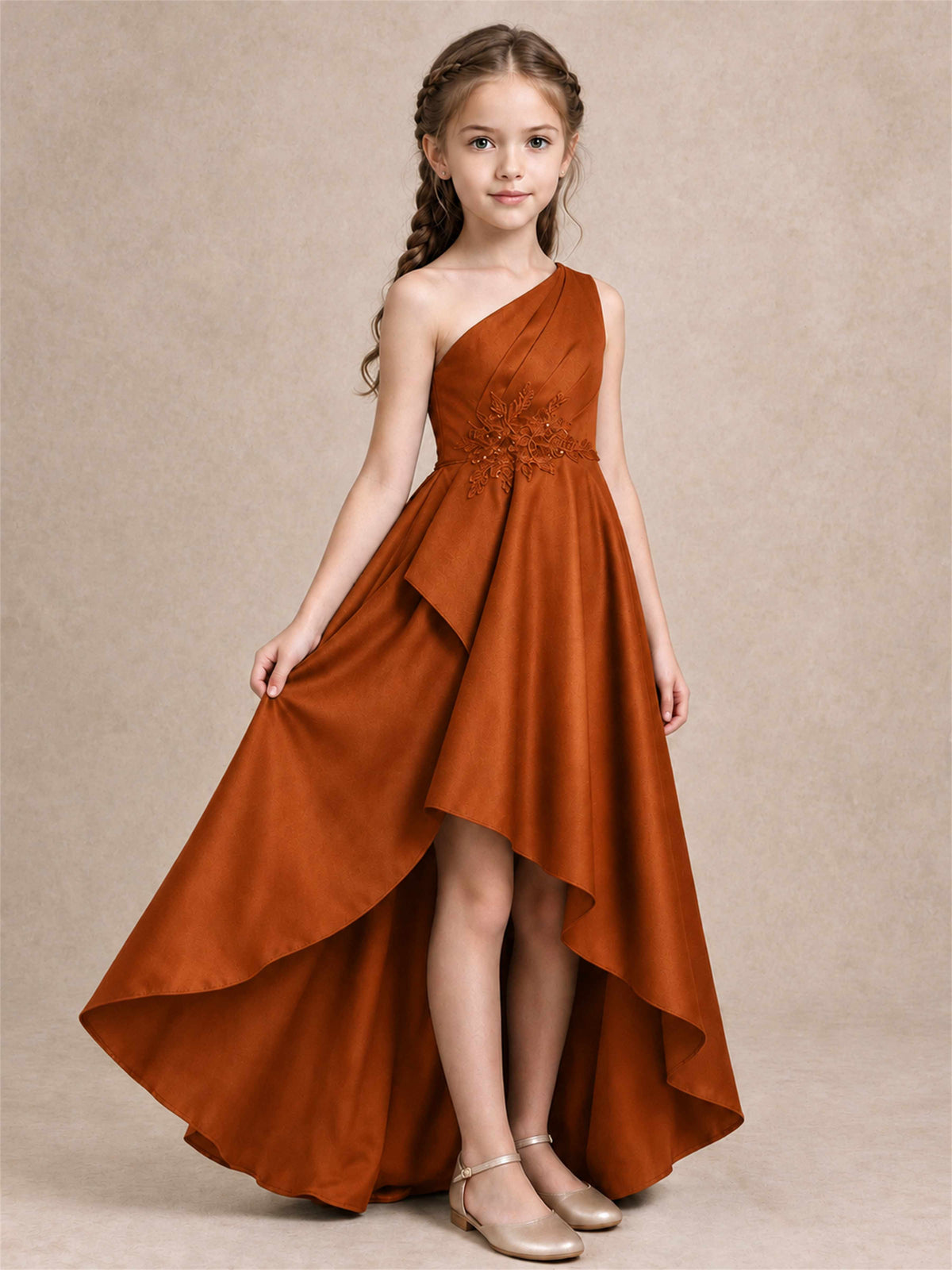 One Shoulder Satin Junior Bridesmaid Dress Lace Applique High Low Wedding Gown