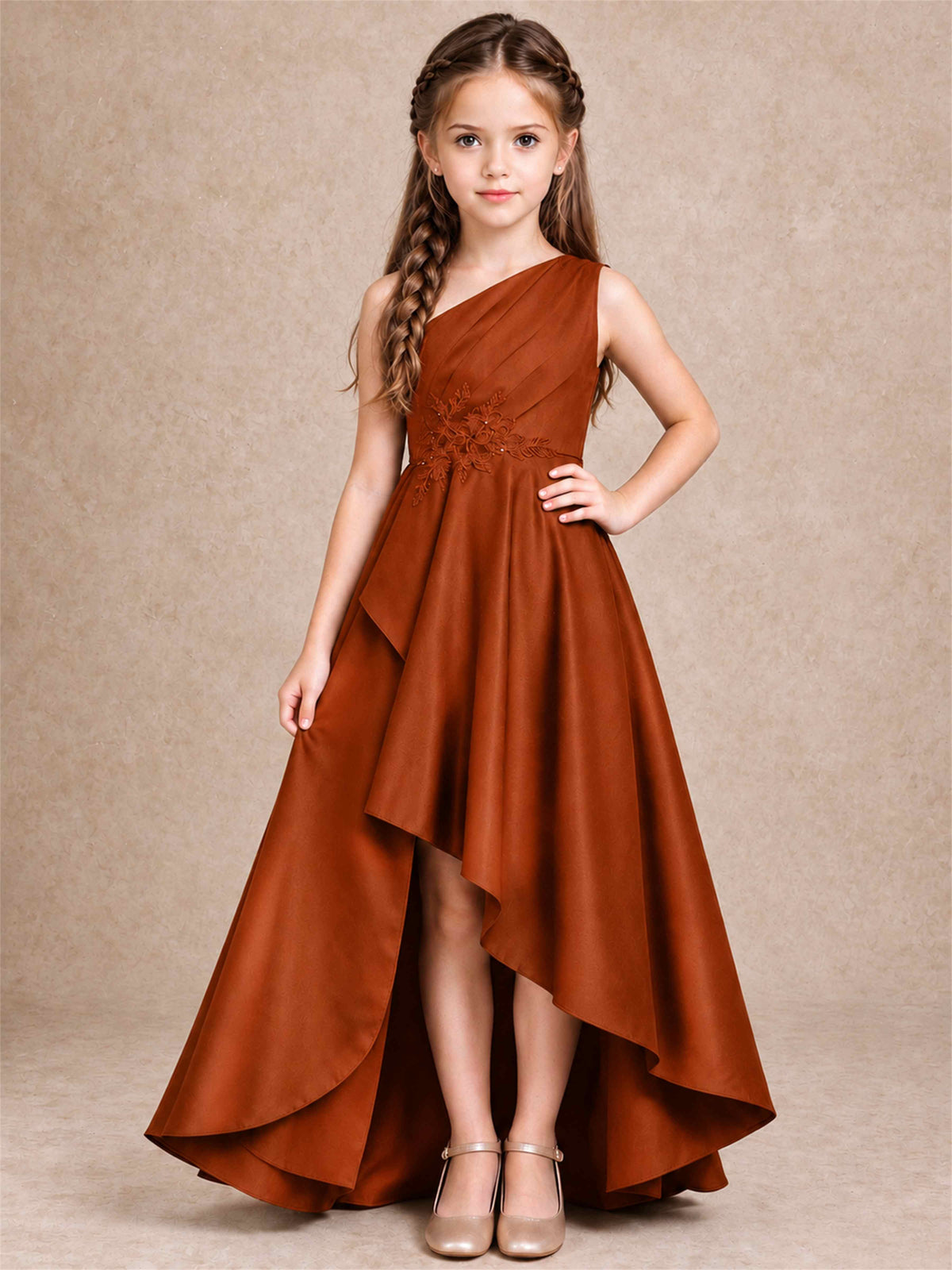 One Shoulder Satin Junior Bridesmaid Dress Lace Applique High Low Wedding Gown