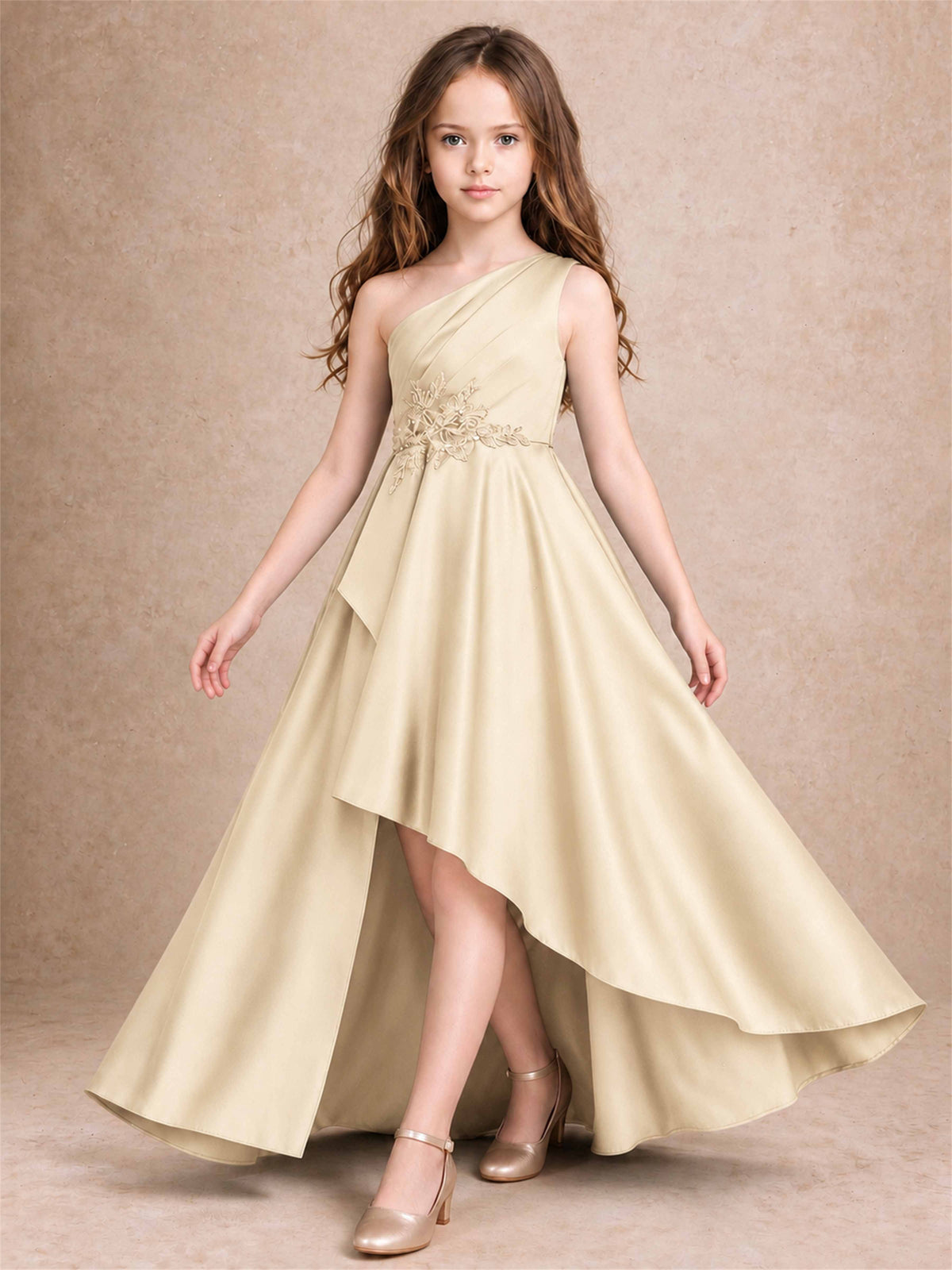 One Shoulder Satin Junior Bridesmaid Dress Lace Applique High Low Wedding Gown