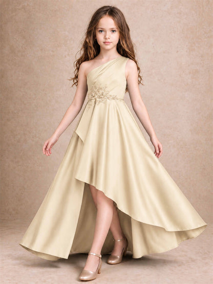 One Shoulder Satin Junior Bridesmaid Dress Lace Applique High Low Wedding Gown