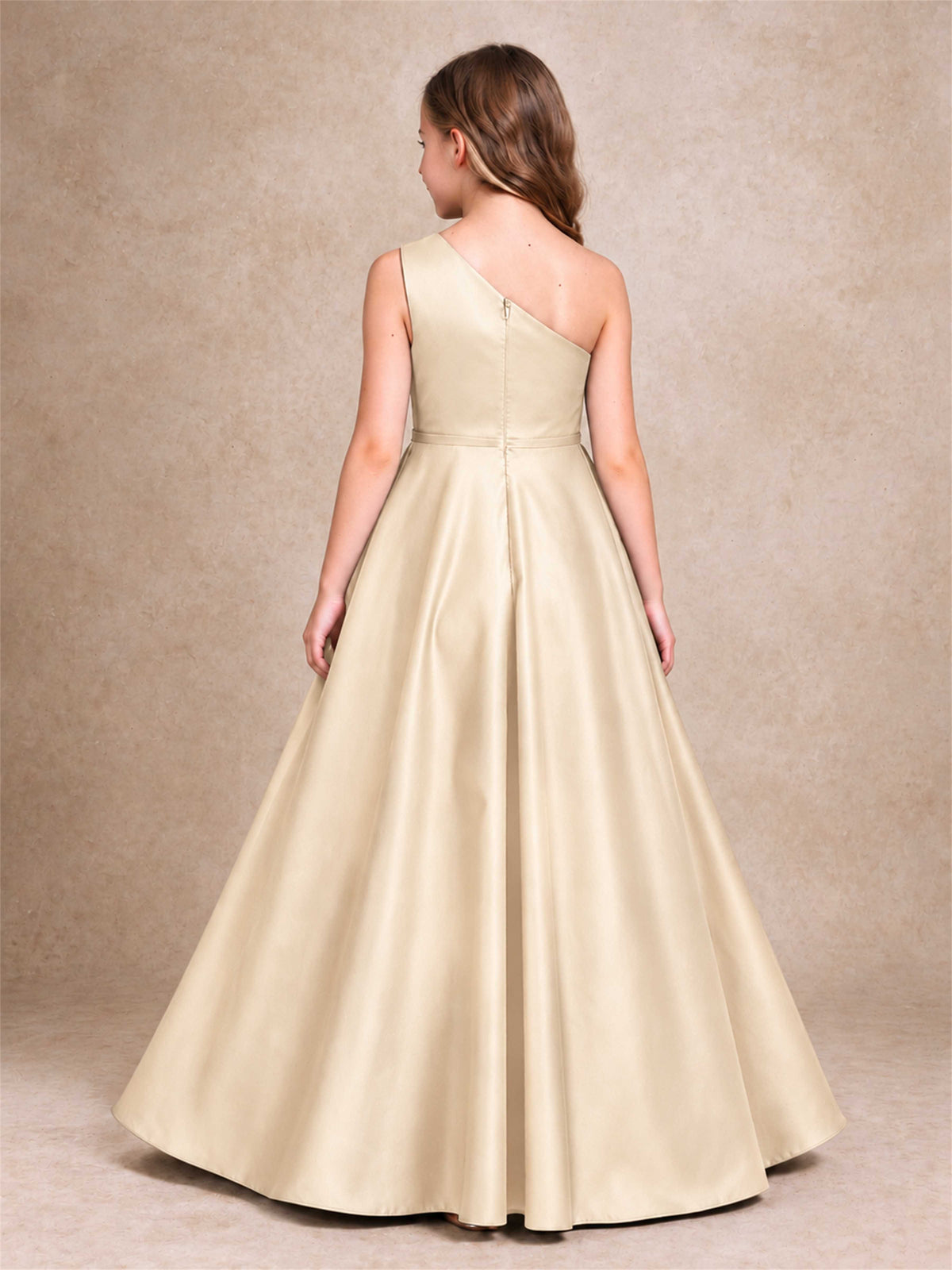 One Shoulder Satin Junior Bridesmaid Dress Lace Applique High Low Wedding Gown