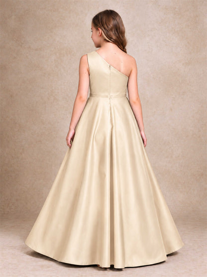 One Shoulder Satin Junior Bridesmaid Dress Lace Applique High Low Wedding Gown