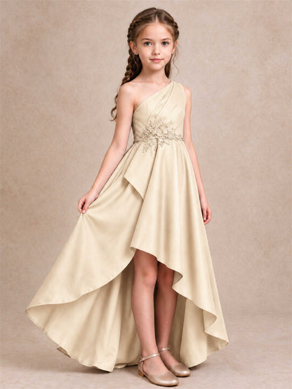One Shoulder Satin Junior Bridesmaid Dress Lace Applique High Low Wedding Gown