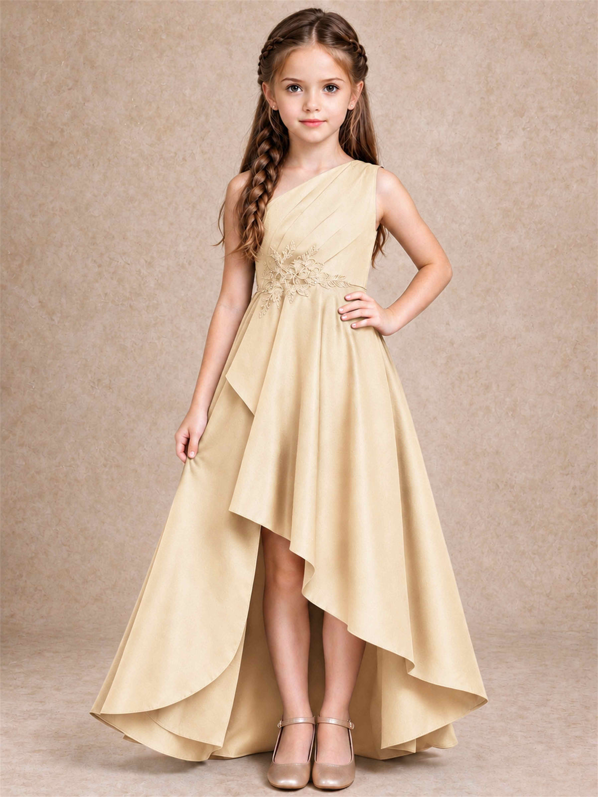 One Shoulder Satin Junior Bridesmaid Dress Lace Applique High Low Wedding Gown