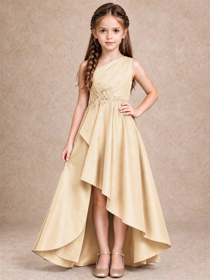 One Shoulder Satin Junior Bridesmaid Dress Lace Applique High Low Wedding Gown