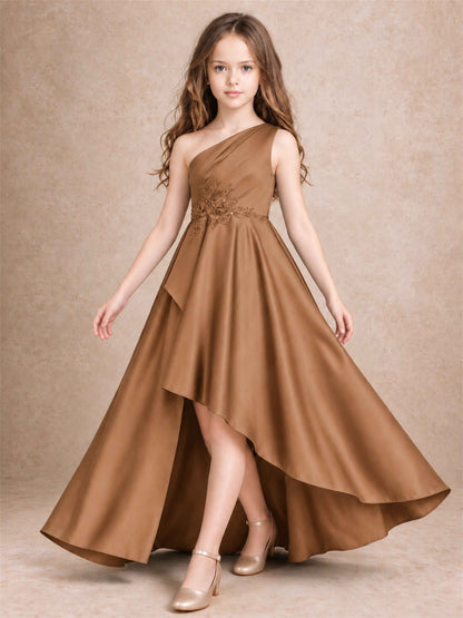 One Shoulder Satin Junior Bridesmaid Dress Lace Applique High Low Wedding Gown