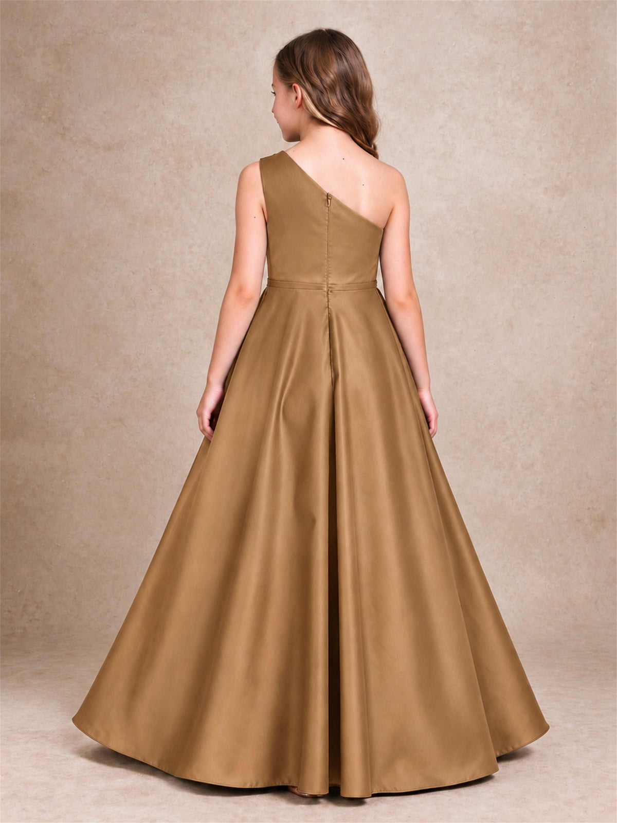 One Shoulder Satin Junior Bridesmaid Dress Lace Applique High Low Wedding Gown