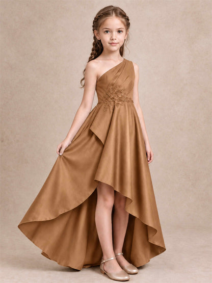One Shoulder Satin Junior Bridesmaid Dress Lace Applique High Low Wedding Gown