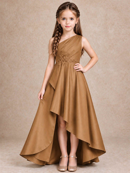 One Shoulder Satin Junior Bridesmaid Dress Lace Applique High Low Wedding Gown