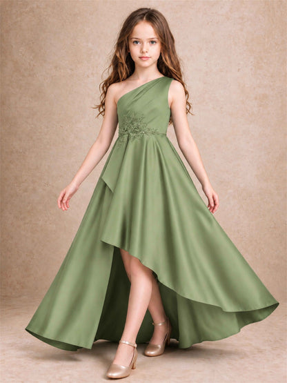 One Shoulder Satin Junior Bridesmaid Dress Lace Applique High Low Wedding Gown