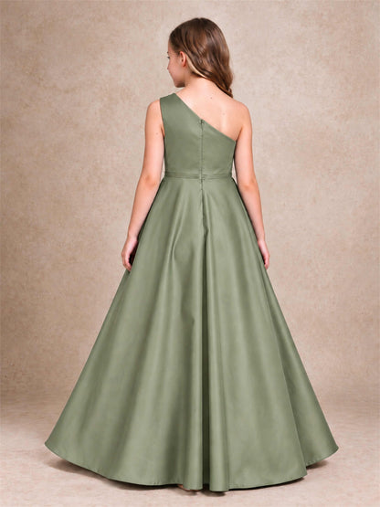 One Shoulder Satin Junior Bridesmaid Dress Lace Applique High Low Wedding Gown