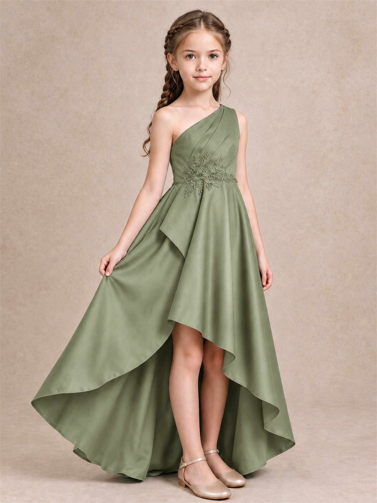One Shoulder Satin Junior Bridesmaid Dress Lace Applique High Low Wedding Gown