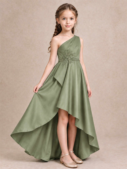 One Shoulder Satin Junior Bridesmaid Dress Lace Applique High Low Wedding Gown