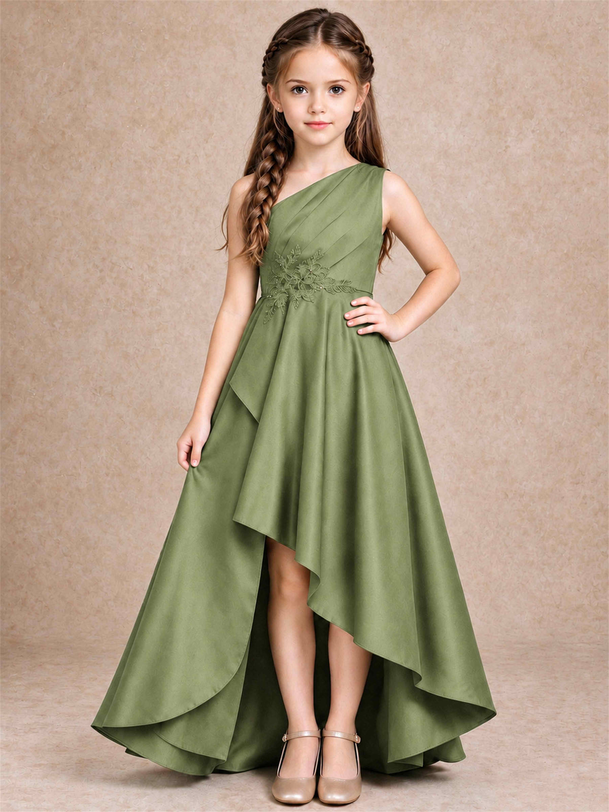 One Shoulder Satin Junior Bridesmaid Dress Lace Applique High Low Wedding Gown